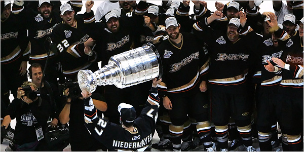 Anaheim Ducks players celebrate lifting the Stanley Cup after their 2007 victory on the ice