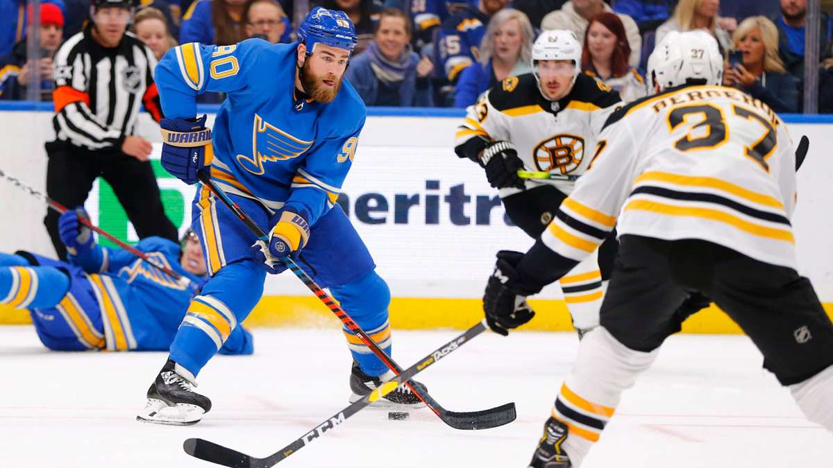 Ryan O'Reilly embraces teammates after scoring a decisive goal in the 2019 Stanley Cup run