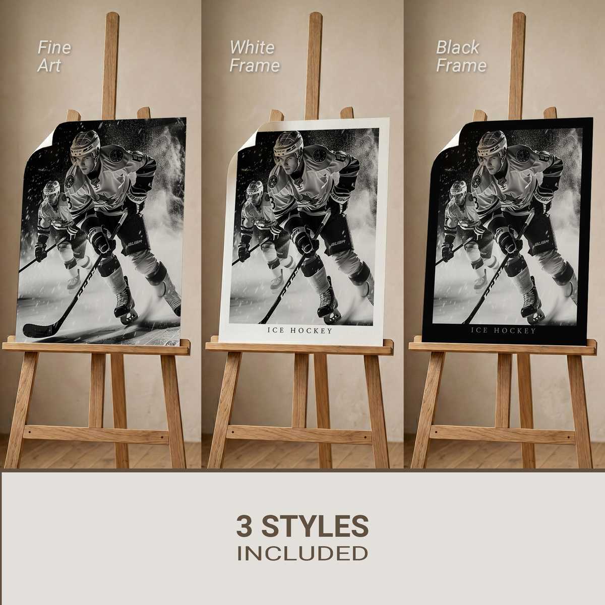 Goalie silhouette framed against a stark frozen rink, pads wide and stick ready, emphasizing a lone protector stance