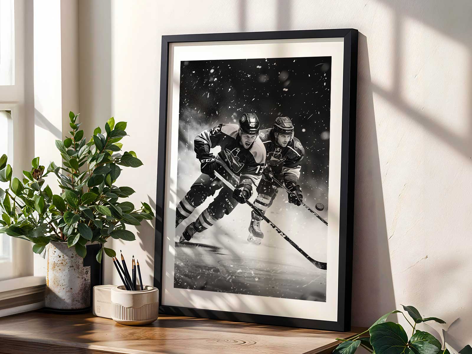 Arena lights reflecting across the ice surface, creating gradients and dramatic highlights around players