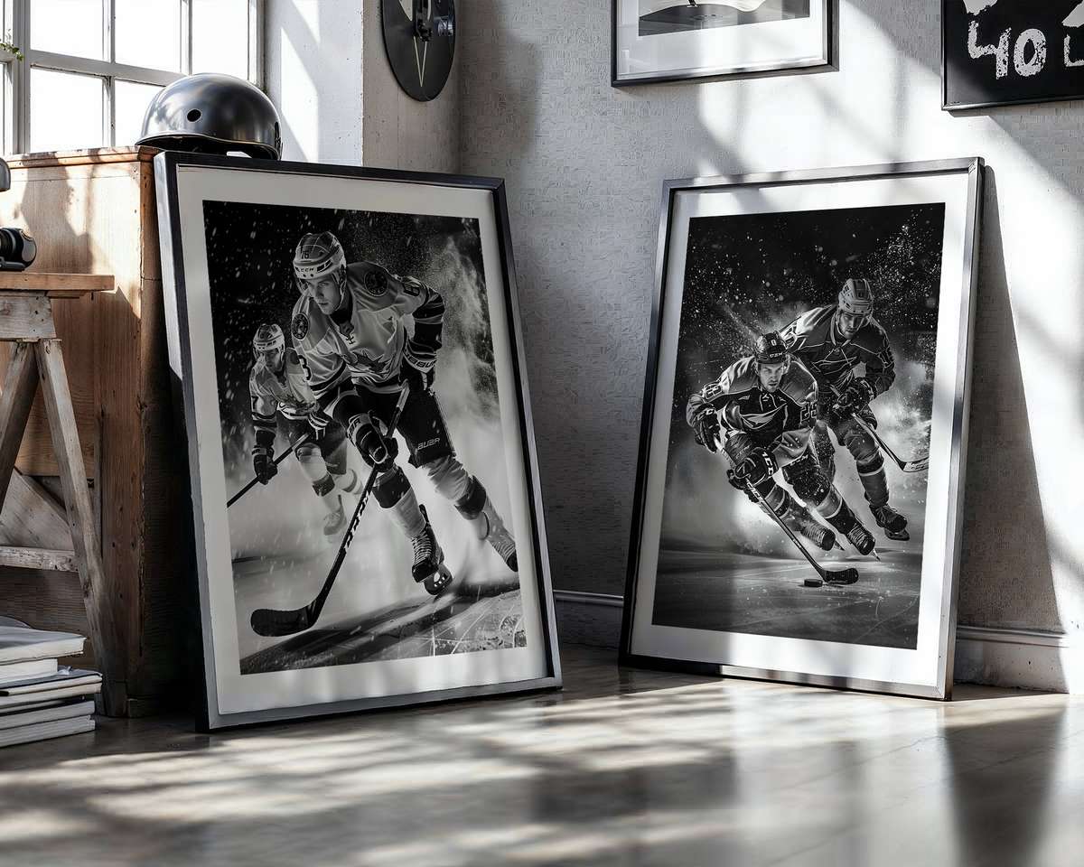Silhouette of a hockey player gliding across glossy ice with bright arena lights reflecting beneath him