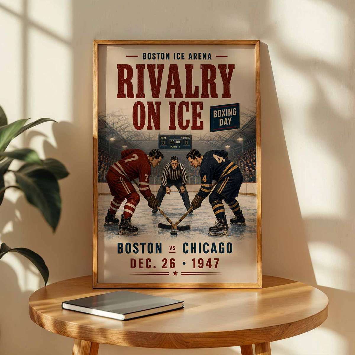 Old Hockey shown in a vintage composition showcasing ice-rink action and fast skating detail with English typography