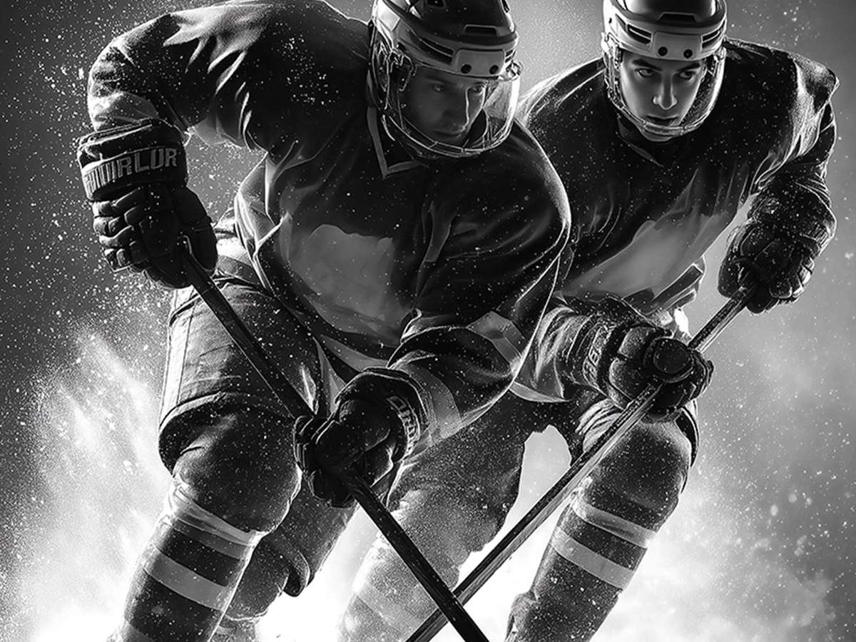 Connor McDavid in full stride with vivid team colors popping against the rink, jersey and helmet saturated for visual impact