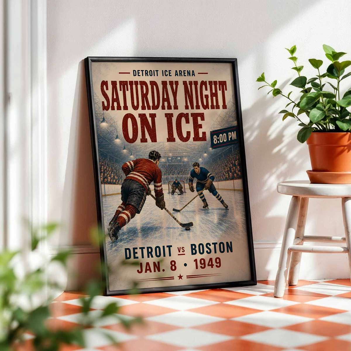 Vintage Boston Bruins Hockey poster featuring rink-side character with intense sporting movement inspired by detroit red wings vintage hockey