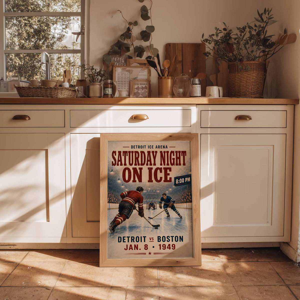 Vintage wall art centered on Boston Bruins Hockey with a competitive atmosphere