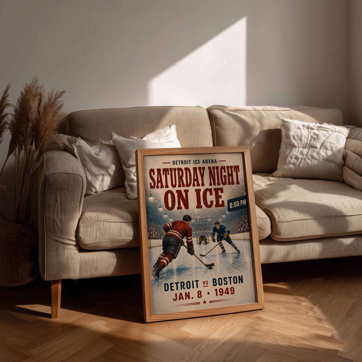 Boston Bruins Hockey shown in a vintage composition showcasing rink-side character with intense sporting movement