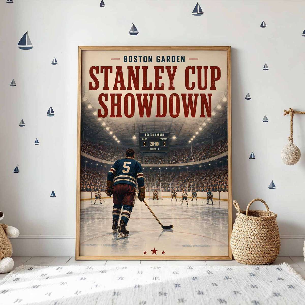Vintage wall art centered on Boston bruins - Vintage 1952 Stanley Cup Showdown at Boston Garden. with a intense atmosphere