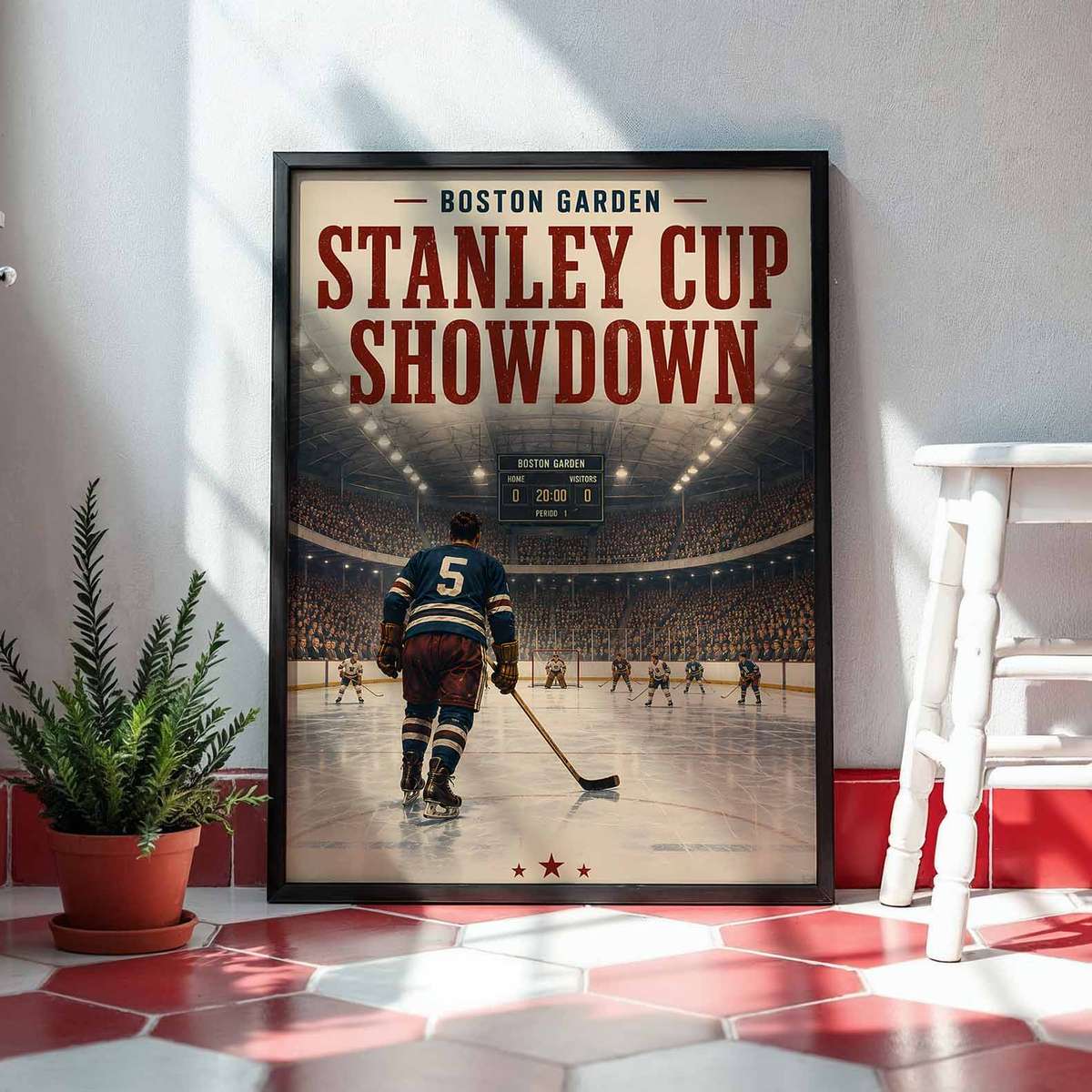 Boston bruins - Vintage 1952 Stanley Cup Showdown at Boston Garden. composition styled as poster and featuring puck movement with a dramatic arena atmosphere inspired by boston ice