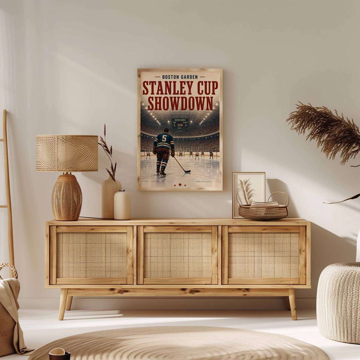 Boston bruins - Vintage 1952 Stanley Cup Showdown at Boston Garden. poster combining hockey equipment detail and game-night atmosphere in a intense composition