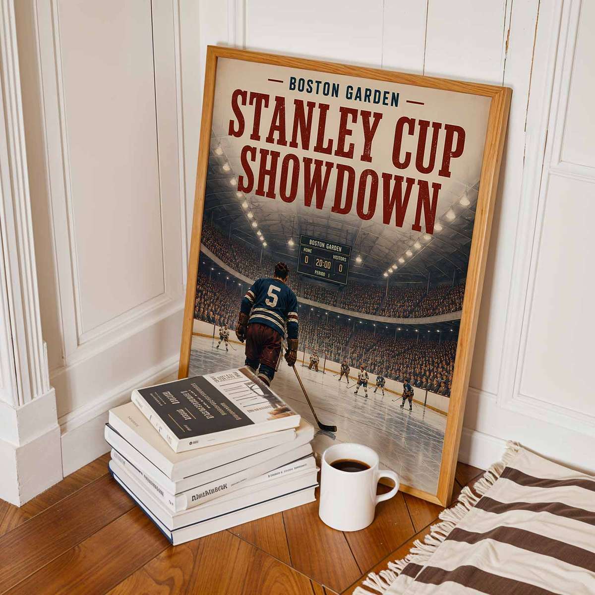 Boston bruins - Vintage 1952 Stanley Cup Showdown at Boston Garden. poster combining fast-paced ice action with strong arena depth in a bold composition