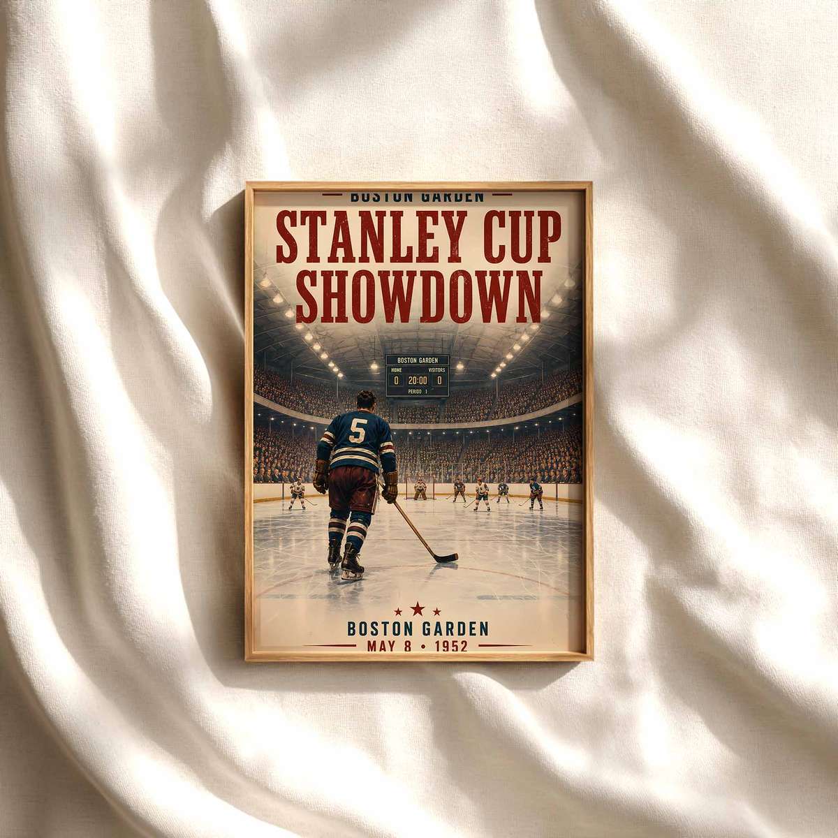 Boston bruins - Vintage 1952 Stanley Cup Showdown at Boston Garden. poster combining fast-paced ice action with strong arena depth in a bold composition