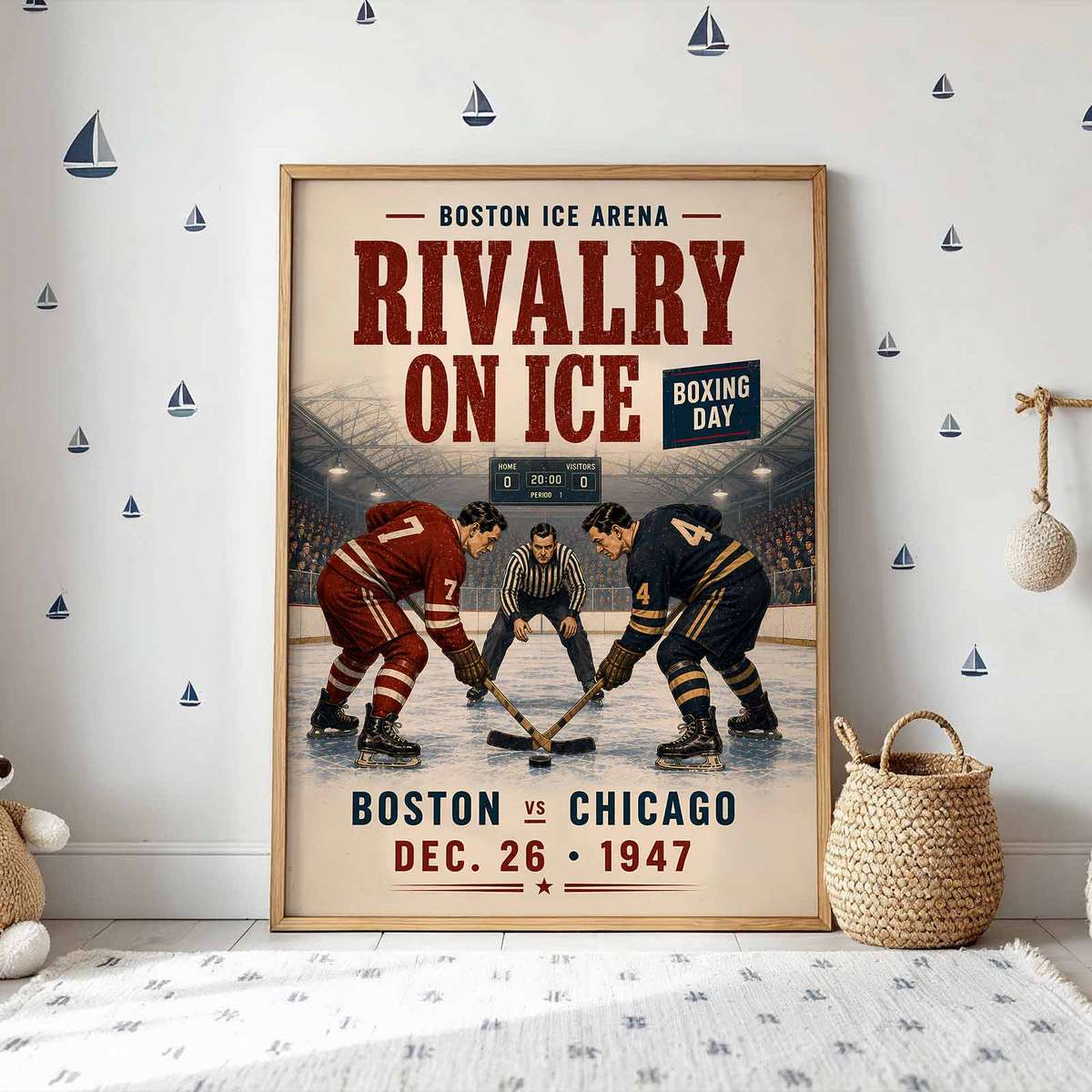 Ice hockey - Vintage 1947 Boston vs Chicago Boxing Day Match. boston poster combining puck movement with a dramatic arena atmosphere in a competitive composition