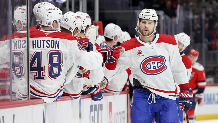 Morgan Geekie celebrating after scoring the go-ahead goal against the Canadiens at TD Garden