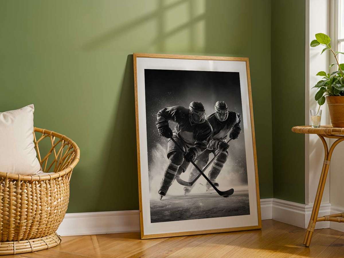 Silhouette of a player celebrating with puck held high, rendered in dynamic linework and energetic color swashes
