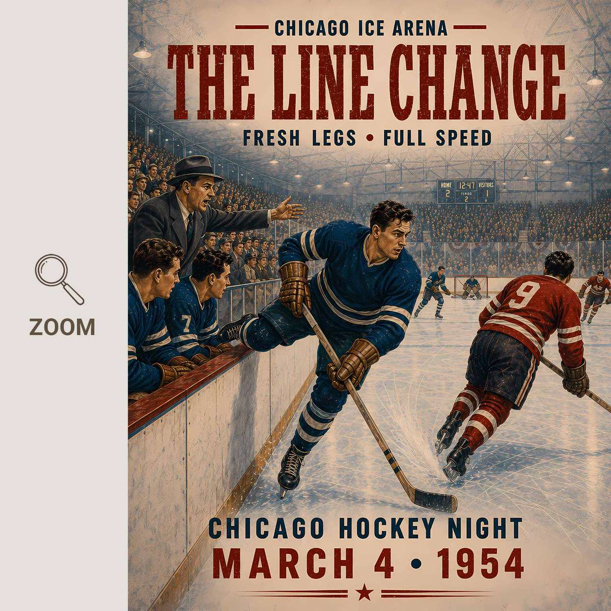 Vintage Chicago Ice Skating Rink poster featuring hockey equipment detail and game-night atmosphere inspired by chicago blackhawks hockey