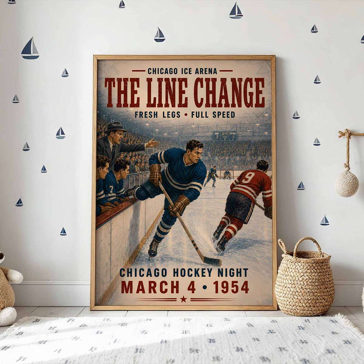 Vintage wall art centered on Chicago Ice Skating Rink with a fast-paced atmosphere
