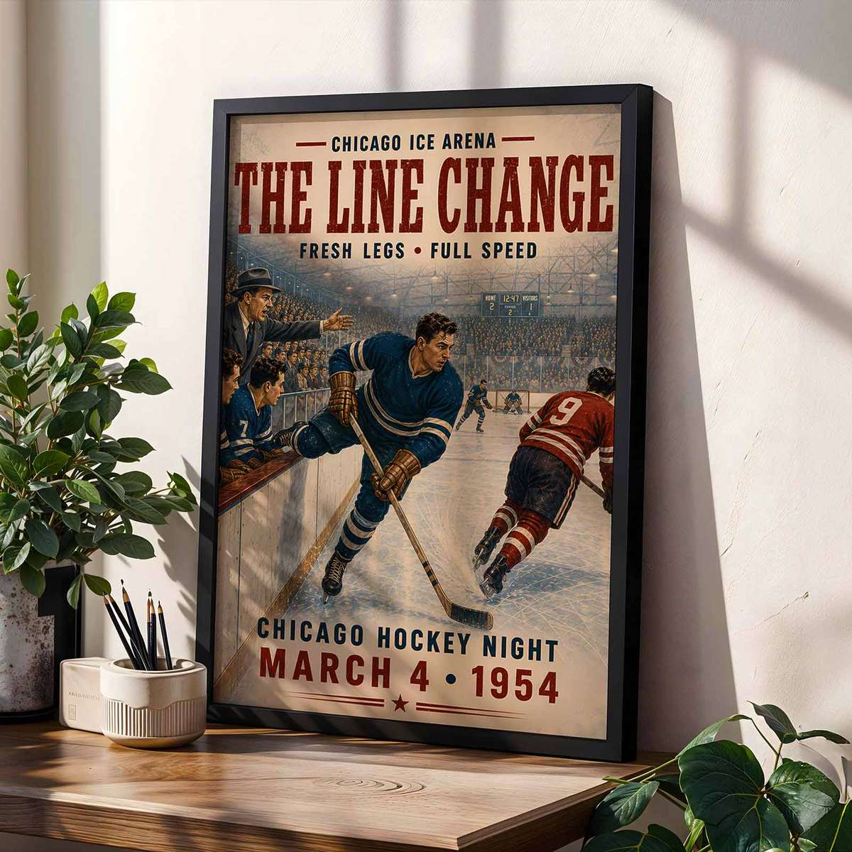 Chicago Ice Skating Rink composition styled as poster and featuring puck movement with a dramatic arena atmosphere inspired by chicago blackhawks hockey