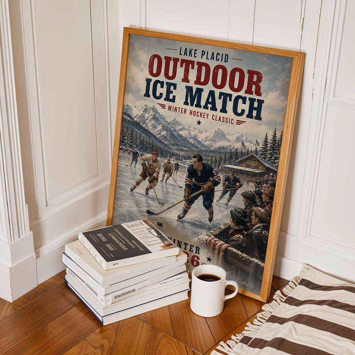 Lake placid - Vintage 1936 Winter Hockey Classic Outdoor Ice Match. lake wall art showcasing ice-rink action and fast skating detail and a bold visual character