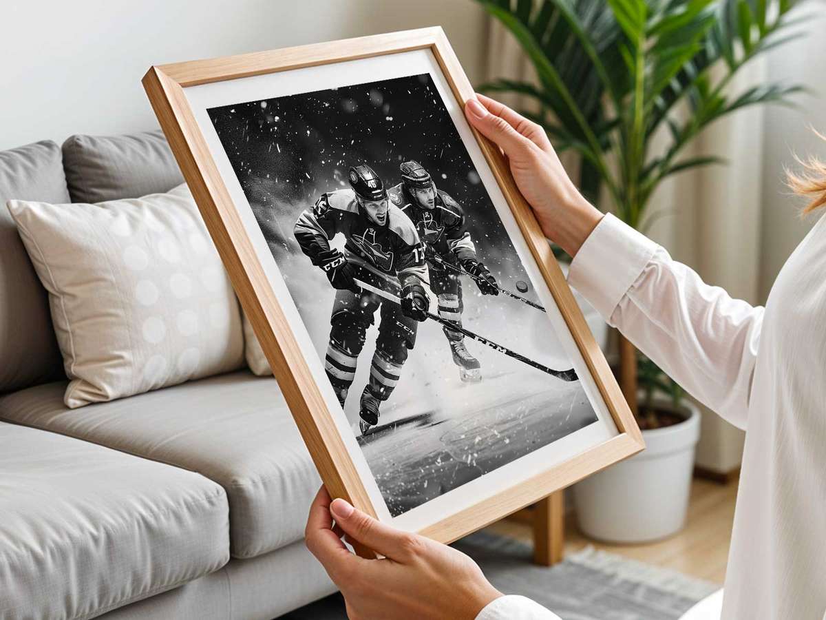 Close-up of a hockey stick blade contacting the puck on the ice, ice crystals scattering