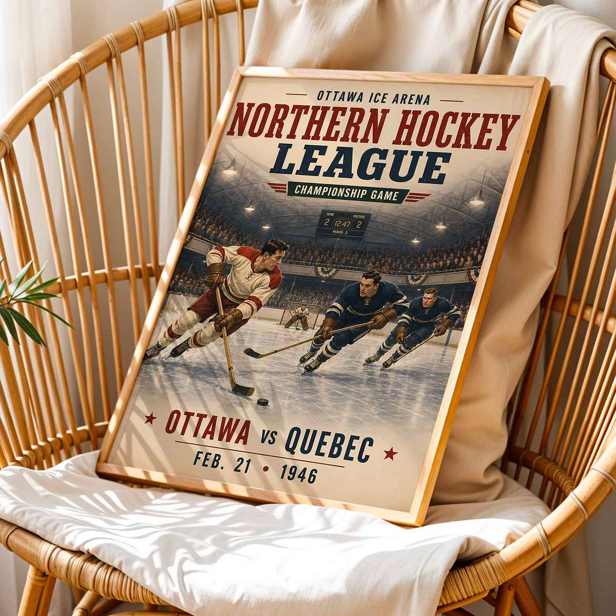 Artistic view of Colorado avalanche - Vintage 1946 Ottawa vs Quebec Championship . hockey showing fast-paced ice action with strong arena depth inspired by ottawa senators canada