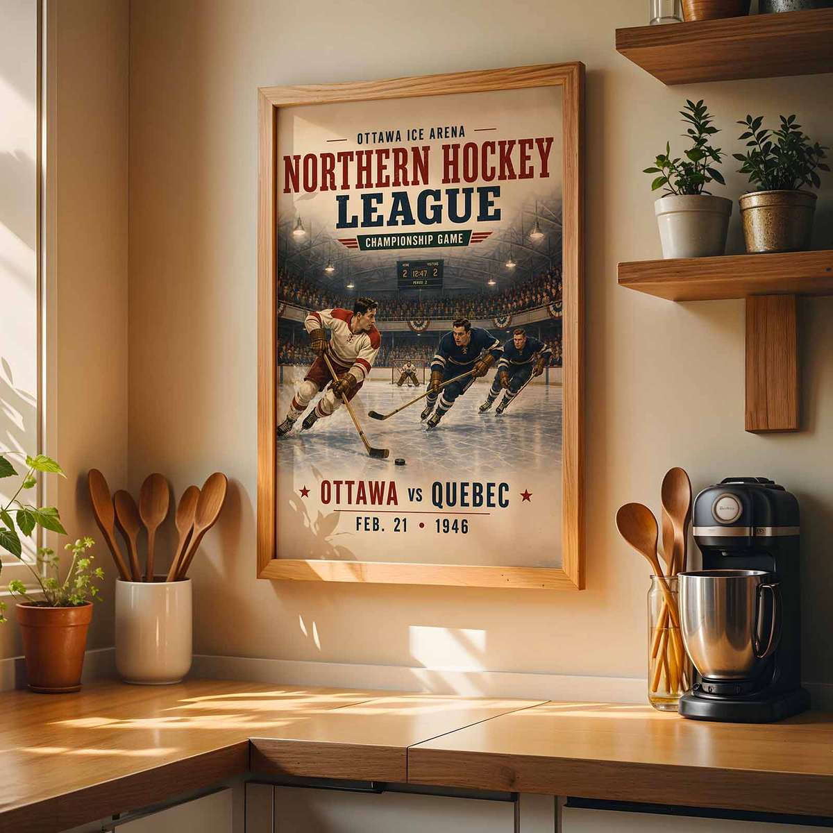 Colorado avalanche - Vintage 1946 Ottawa vs Quebec Championship . hockey poster combining puck movement with a dramatic arena atmosphere inspired by ottawa senators canada in a