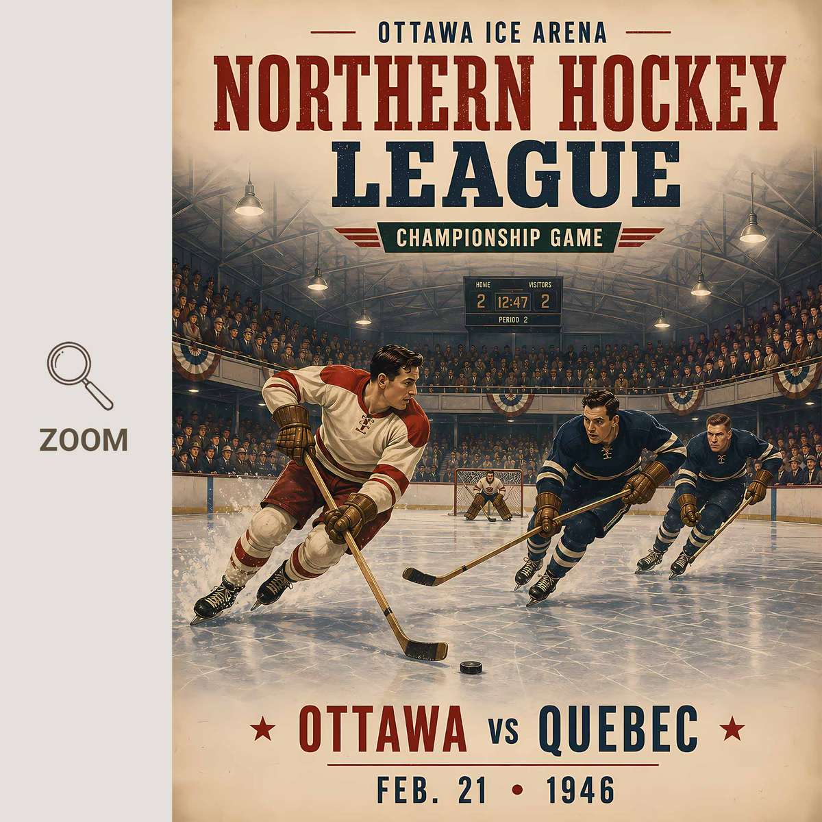 Vintage Colorado avalanche - Vintage 1946 Ottawa vs Quebec Championship . hockey poster featuring hockey equipment detail and game-night atmosphere inspired by ottawa senators