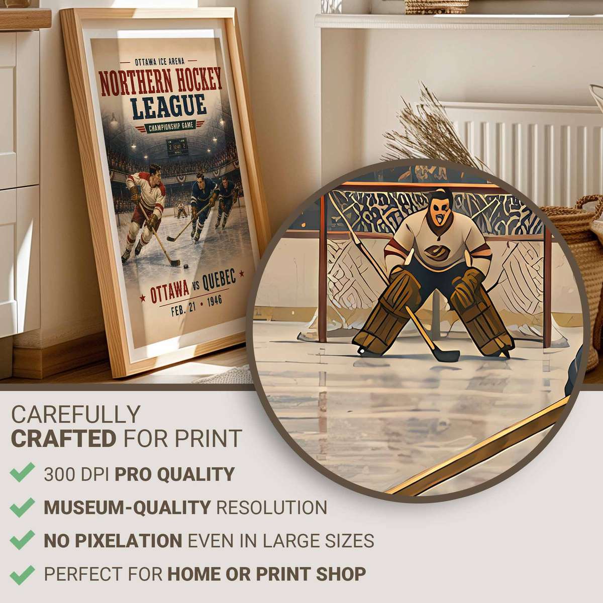 Vintage Colorado avalanche - Vintage 1946 Ottawa vs Quebec Championship . hockey poster featuring rink-side character with intense sporting movement