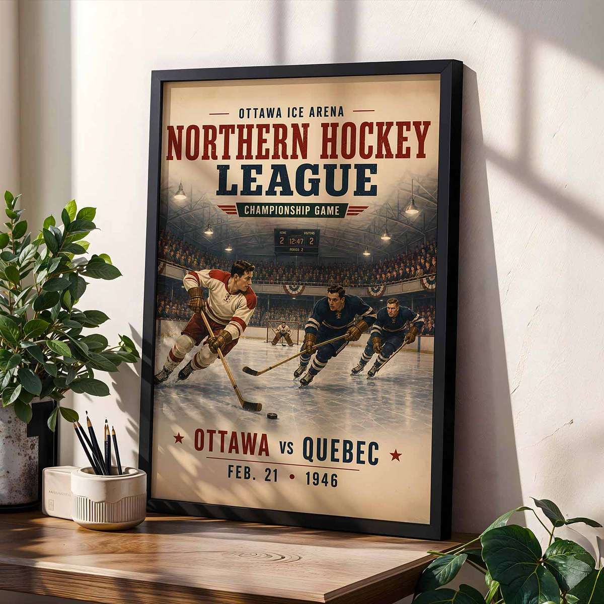 Vintage Colorado avalanche - Vintage 1946 Ottawa vs Quebec Championship . hockey poster featuring rink-side character with intense sporting movement