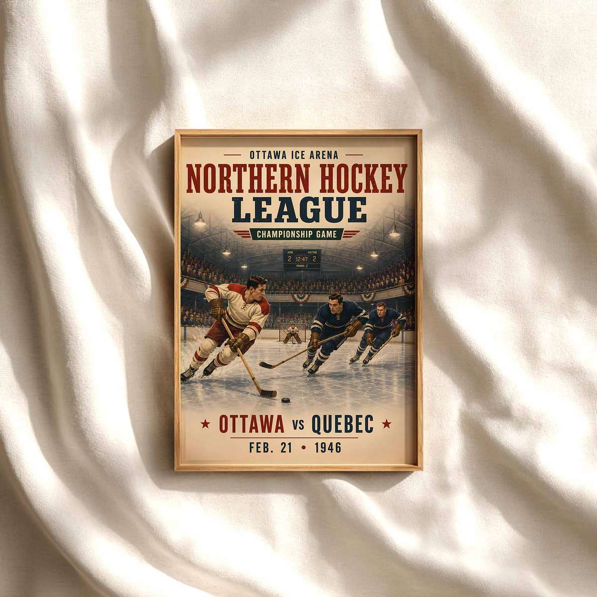 Vintage Colorado avalanche - Vintage 1946 Ottawa vs Quebec Championship . hockey poster featuring rink-side character with intense sporting movement