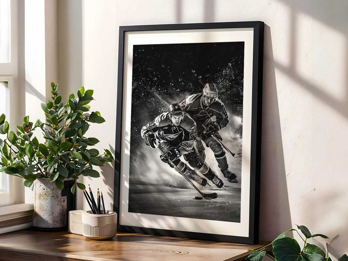 Hockey poster emphasizing contrast lines and directional motion that guide visual flow across the wall
