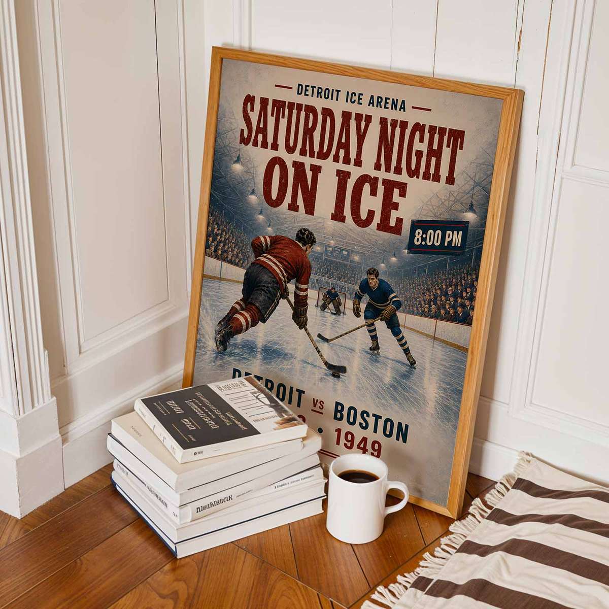 Artistic view of Cool hockey - Vintage 5- Collection of Classic North American Teams. showing hockey equipment detail and game-night atmosphere inspired by td boston for locker
