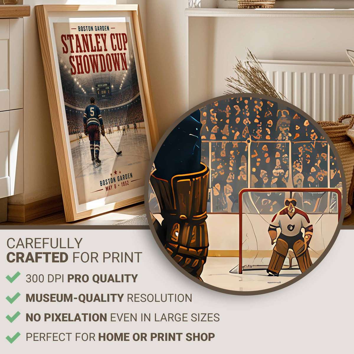 Artistic view of Cool hockey - Vintage 5- Collection of Classic North American Teams. showing puck movement with a dramatic arena atmosphere for gallery wall decor