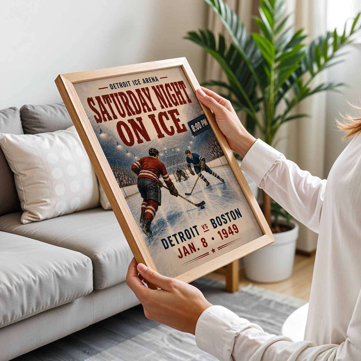 Artistic view of Cool hockey - Vintage 5- Collection of Classic North American Teams. showing puck movement with a dramatic arena atmosphere for gallery wall decor