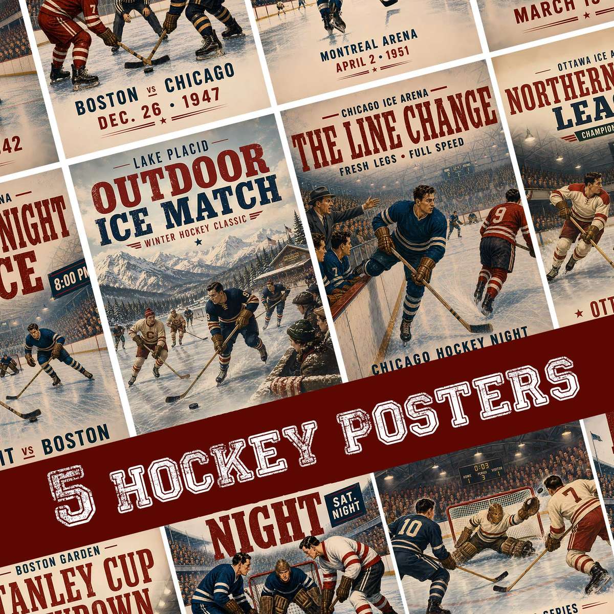 Artistic view of Cool hockey - Vintage 5- Collection of Classic North American Teams. showing puck movement with a dramatic arena atmosphere for gallery wall decor