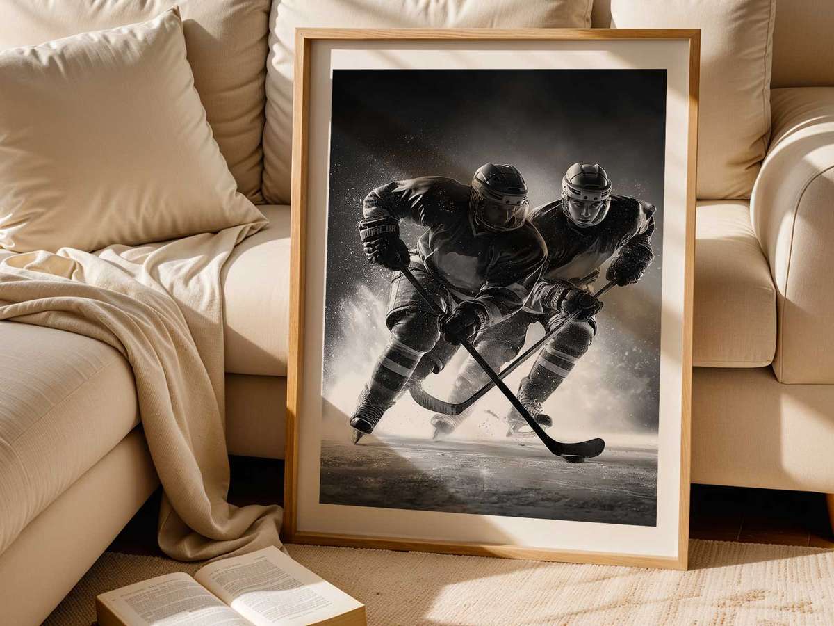 Low-angle view of Connor McDavid skating toward the camera, blades and stick in the foreground for a powerful, dynamic…