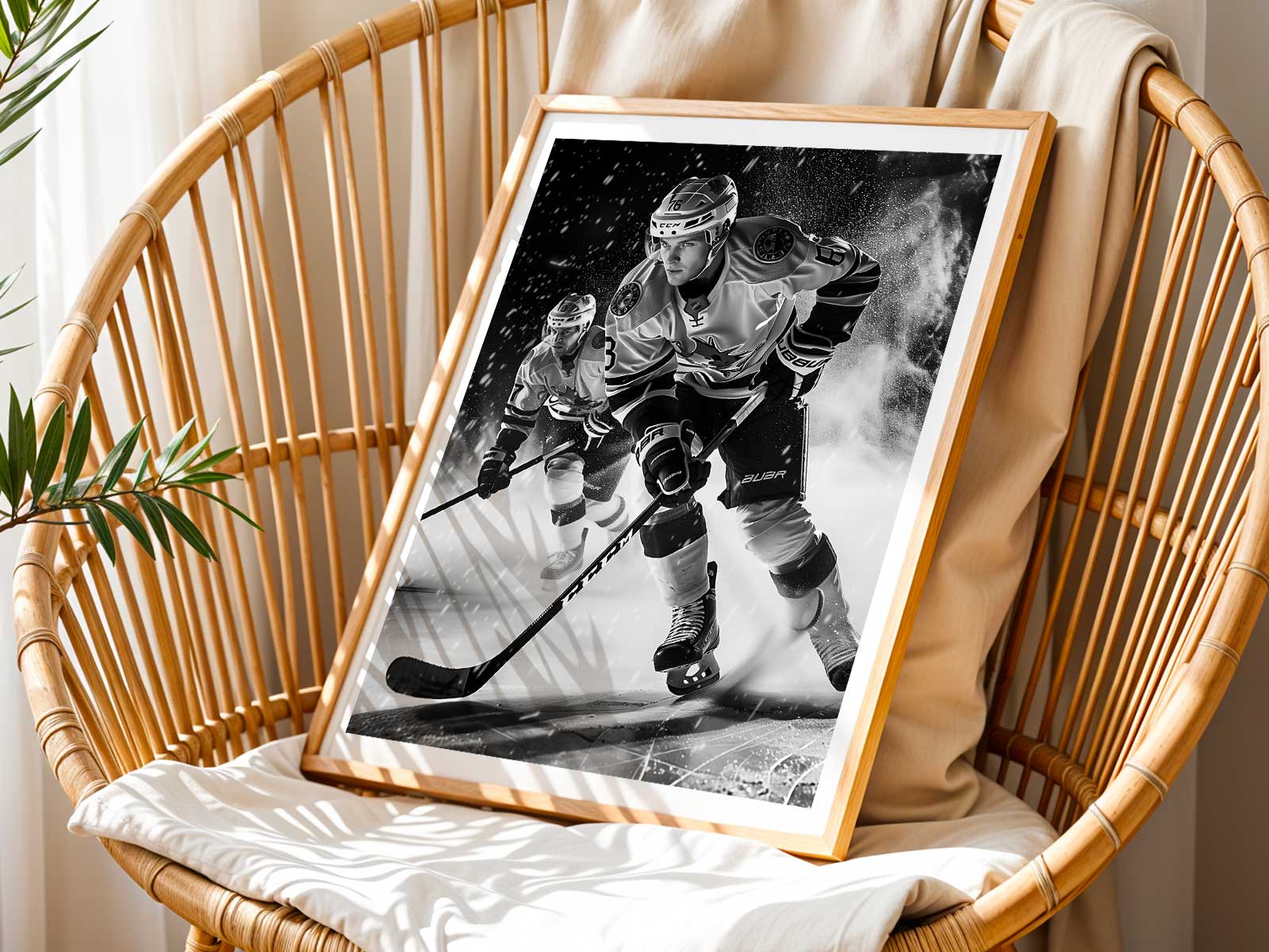 Expanded, high-contrast silhouette of a goalie stretching across the crease, pads and glove creating bold graphic shapes