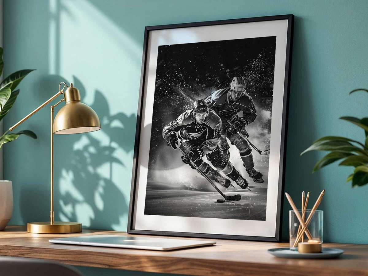 Expressive illustration of From Party Iconography to Wall-Read presented through hockey equipment detail and game-night atmosphere inspired by reframing hockey imagery for lasting