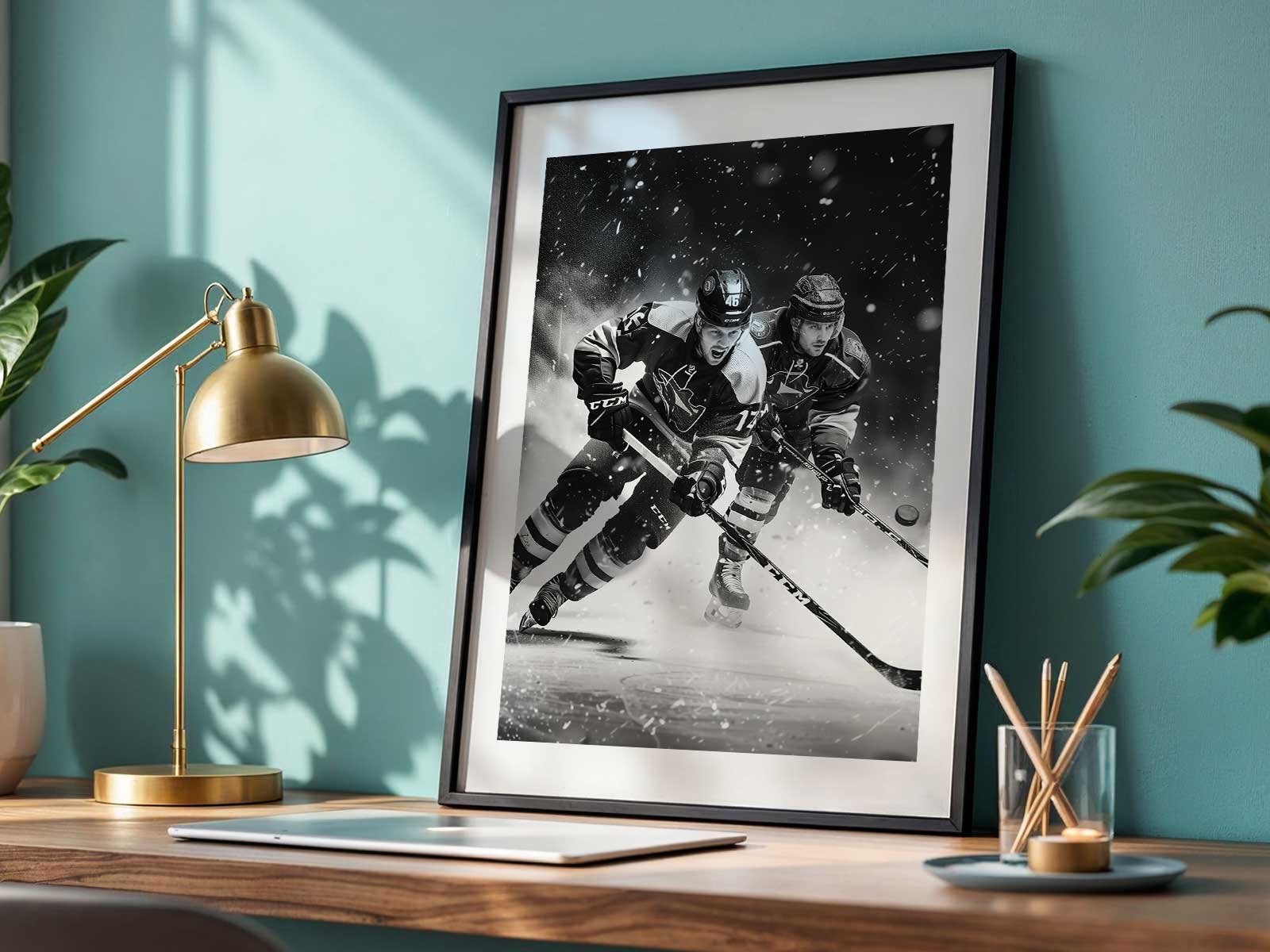 Close-up of a skater's blade cutting into glossy ice, sending fine ice shards into the air