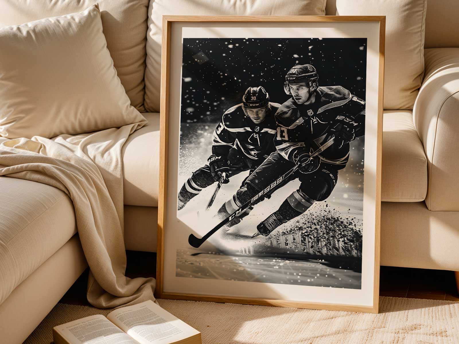 Goaltender making a dramatic save as a spray of ice erupts, frozen mid-air by stadium lighting