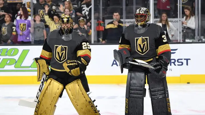 Golden Knights players celebrate a goal during their inaugural 2017–18 season game