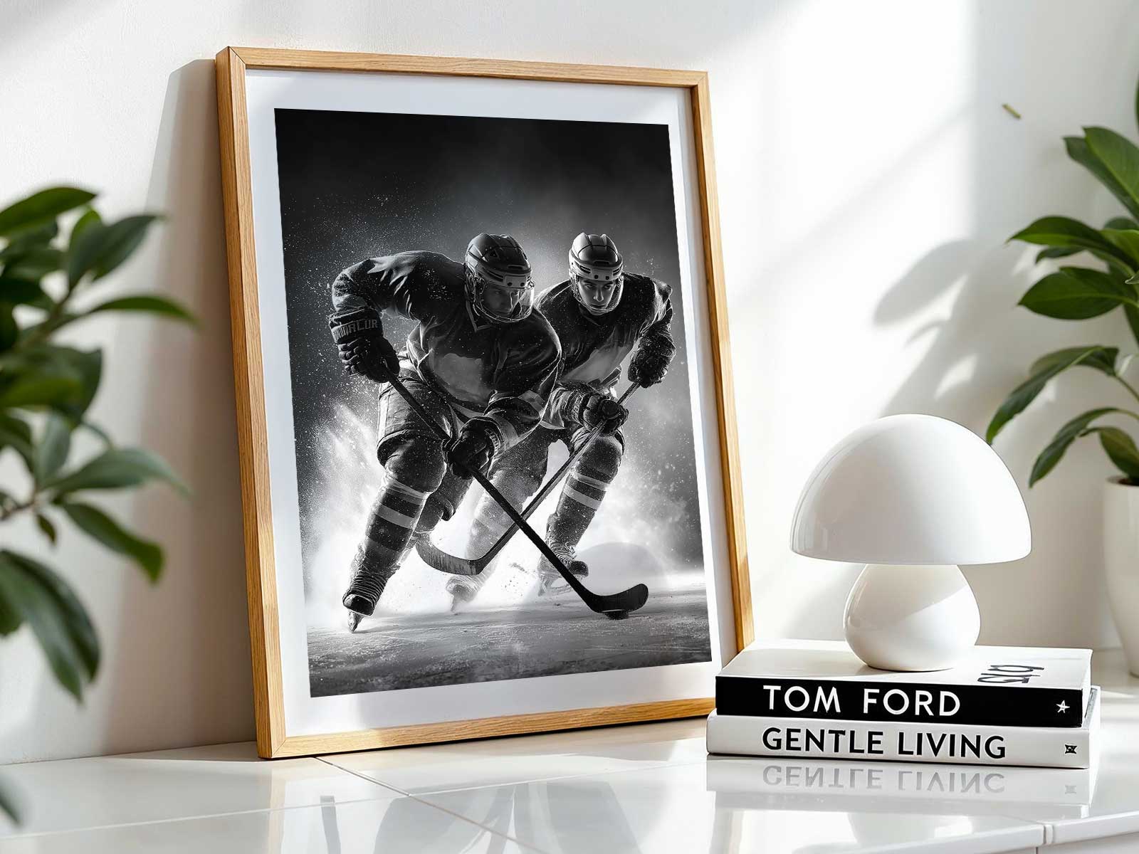Close detail of a helmet visor reflecting arena lights and blurred players, merging realism and abstraction
