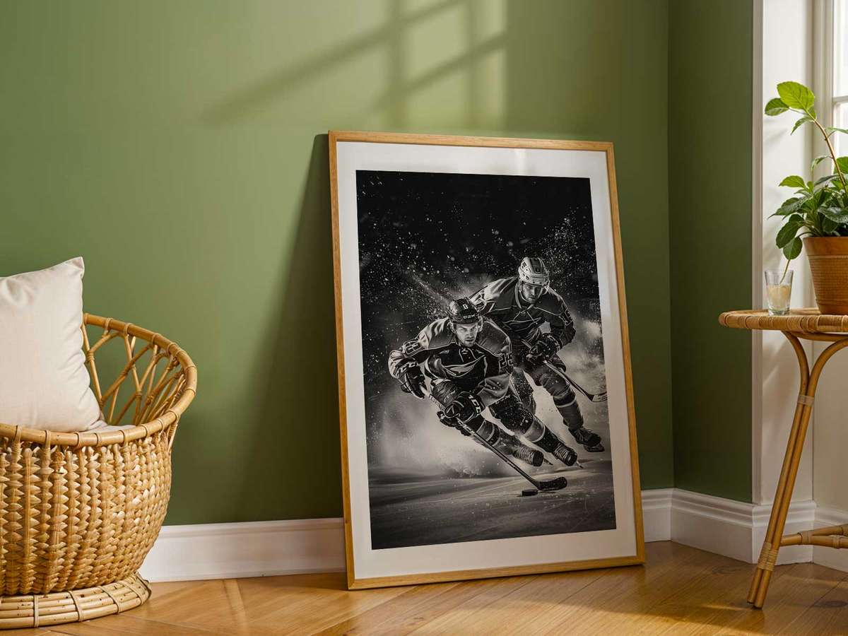 Hockey helmet reflected on glossy ice with graphic highlights and festive pattern accents subtly integrated