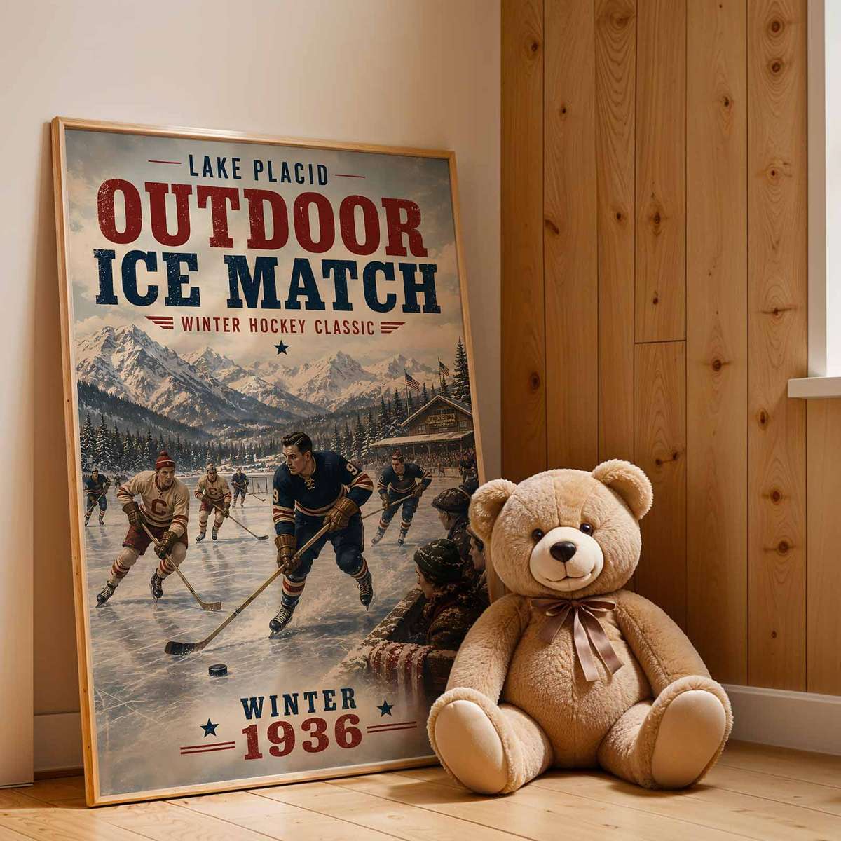Classic poster of Lake placid - Vintage 1936 Winter Hockey Classic Outdoor Ice Match. lake created for bedroom decor