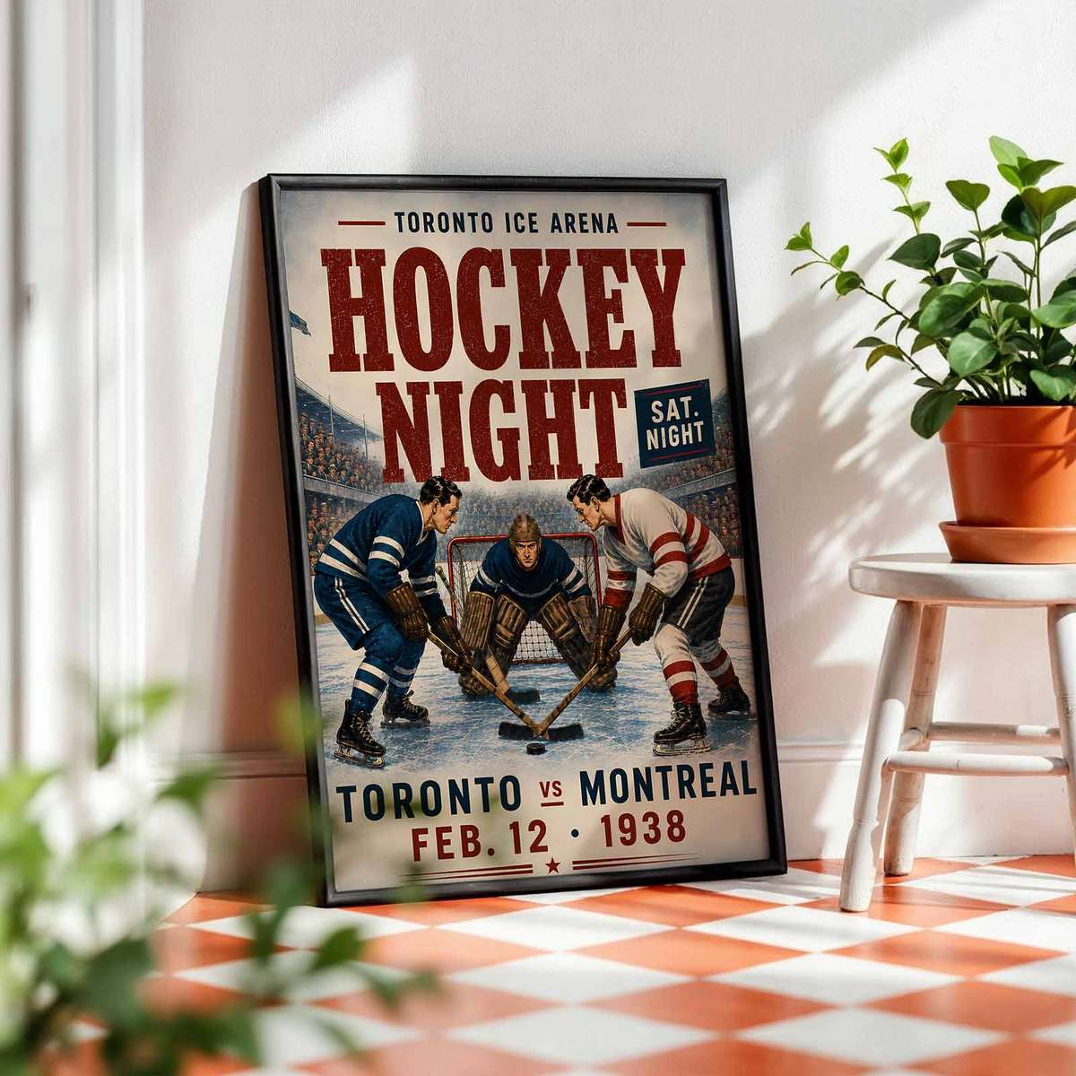 Vintage illustration of Hockey presented through skating speed expressed through dynamic composition inspired by montreal habs hockey