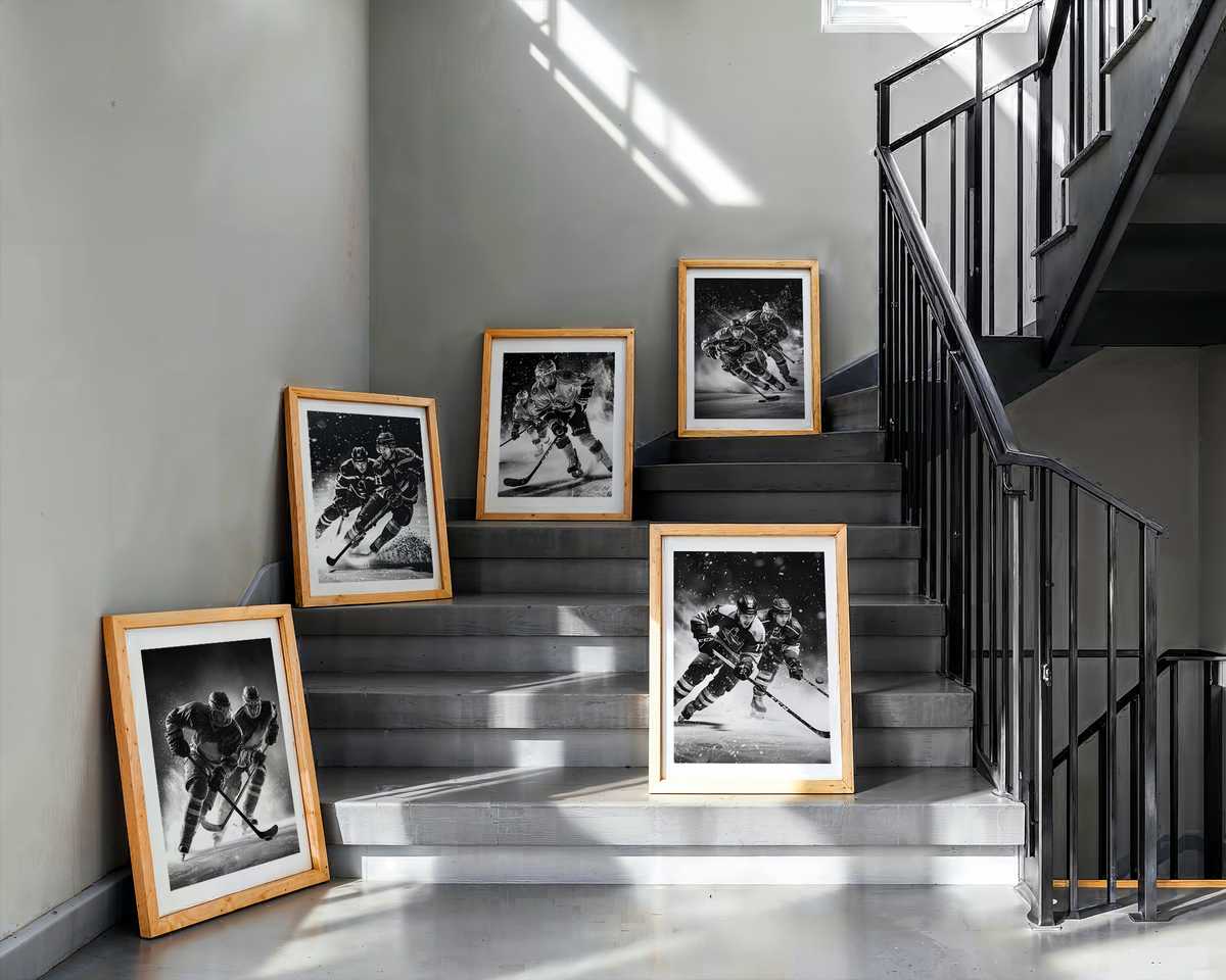Dynamic Player Silhouette for Wall-Readable Hockey Decor hockey poster displayed as framed NHL-inspired wall art