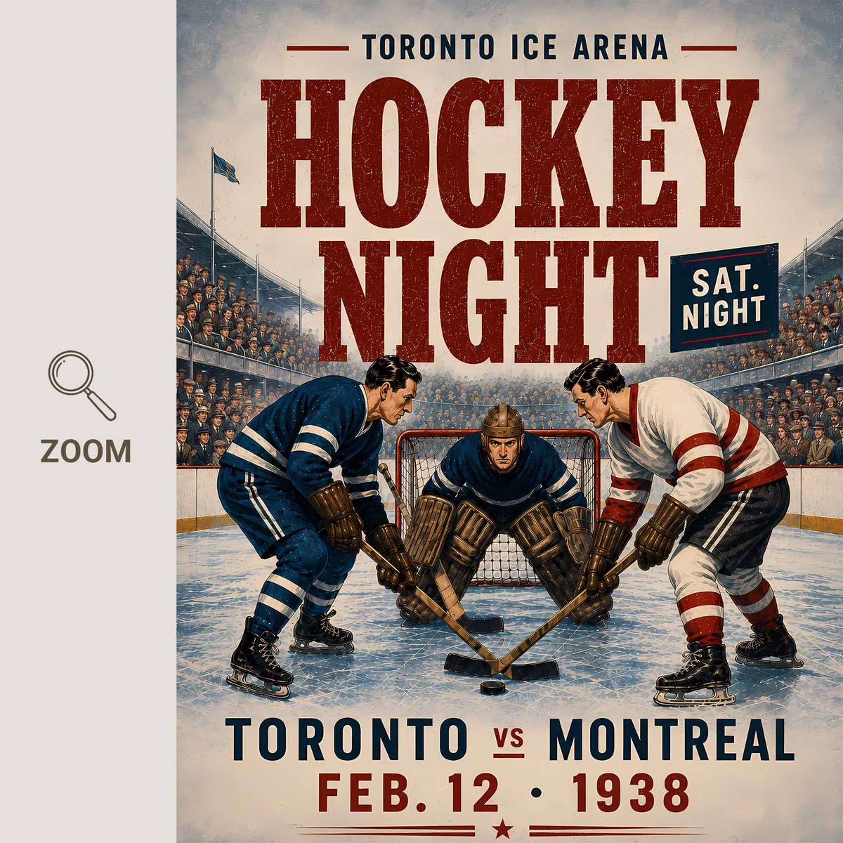 Vintage Hockey poster featuring fast-paced ice action with strong arena depth inspired by montreal habs hockey