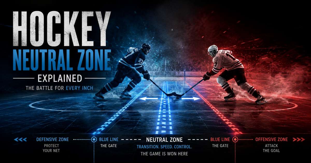 Diagram of an ice rink highlighting the neutral zone between the blue lines with arrows showing puck movement