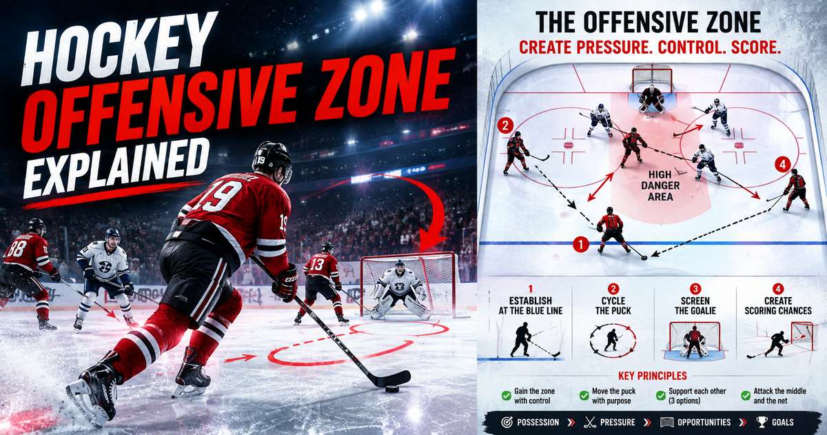 Diagram of a hockey offensive zone showing the blue line, goal crease, and player positions