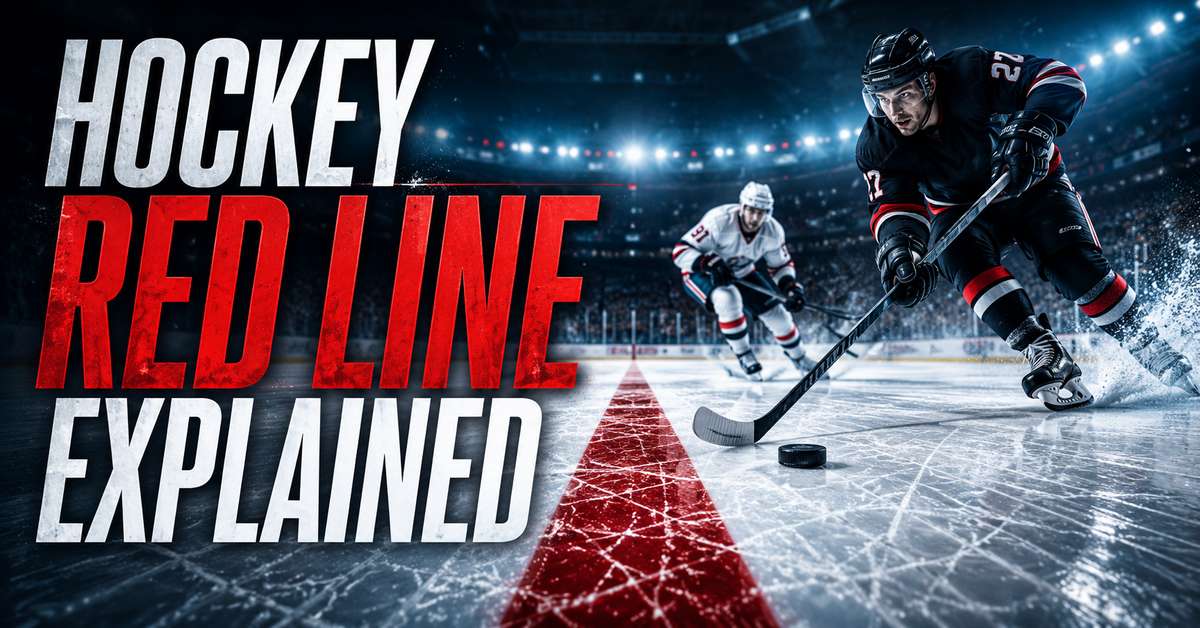 Overhead diagram of a hockey rink highlighting the centre red line dividing the ice into two halves