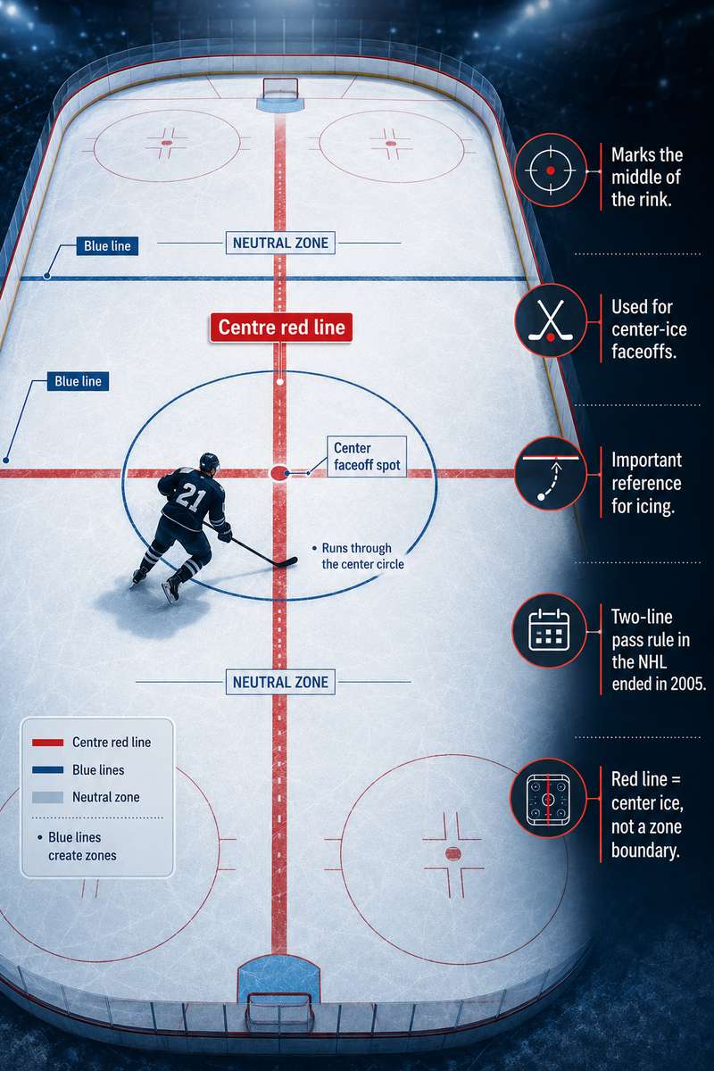 Illustration showing a puck being shot from behind the centre red line toward the opponent's goal to explain icing